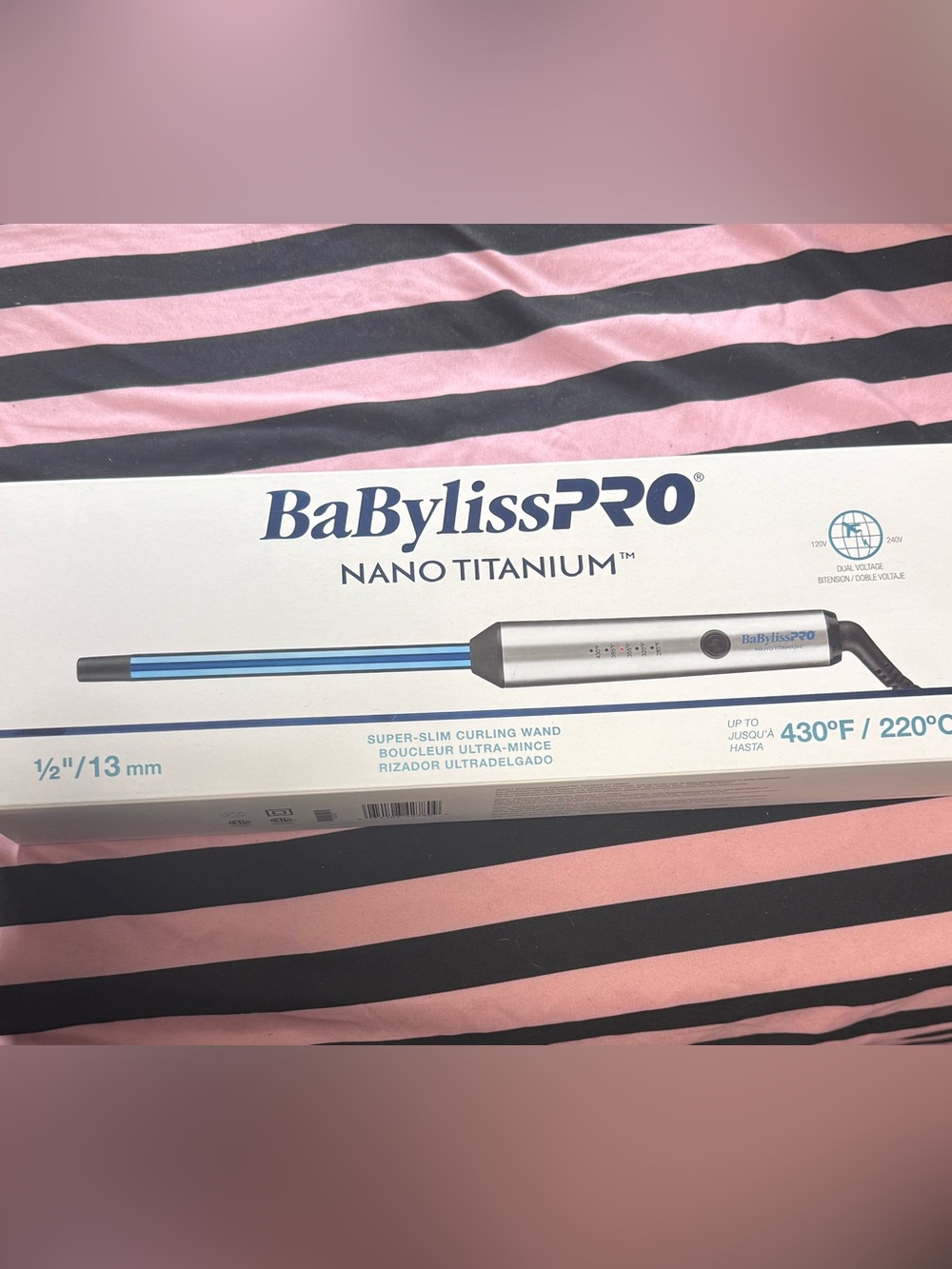 BNIB BaBylissPRO Nano Titanium Super-Slim Curling Wand - Blue & Silver